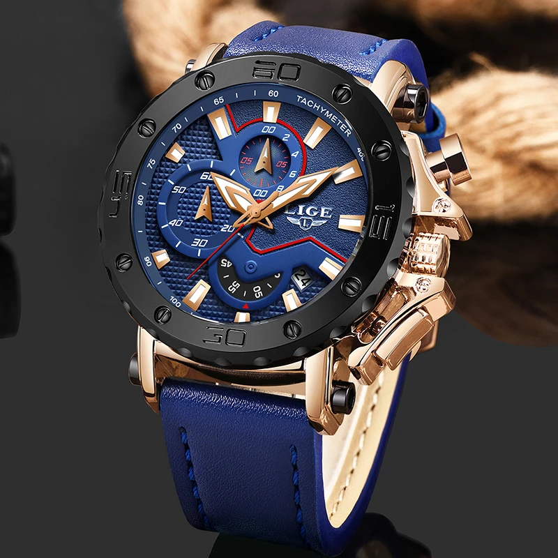 Online 2019 LIGE Blau Uhr Luxus Marke Männer Analog Leder Sport Uhren Herren Armee Military Watch Datum Quarz Uhr Relogio Masculino