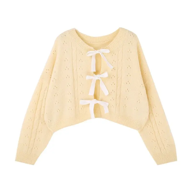 Light Yellow Cropped Cardigan Women Sweet Loose Lace Up Knitted Sweater Jackets Female Hollow Tops Fall 2021 Woman Clothing