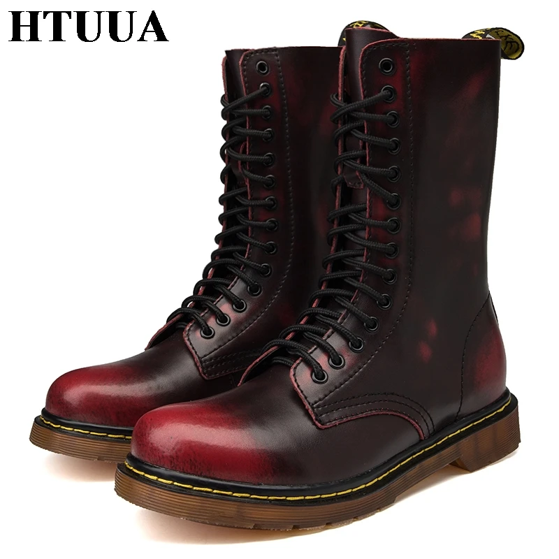 

HTUUA 35-46 Genuine Leather Boots Women Couple Casual Ankle Lace-Up High-Top Warm Plush Winter Boots Women Platform Shoes SX3284