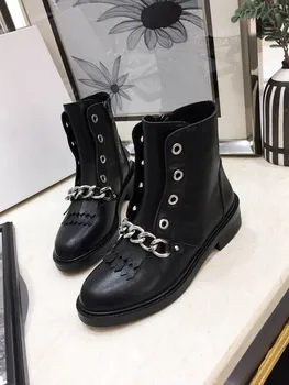

Tassel Ankle Boots Mental Chain Decor Side Zipper Black Genuine Leather Flat Shoes Women 2020 New Luxury Brand Designer Ladies