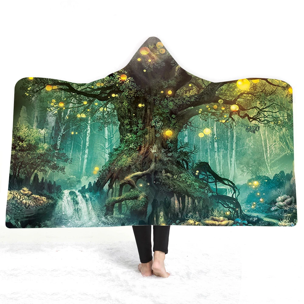 

3d Print Magic Forest Microfiber Blue Plush Hooded Blanket Thick Fleece Blanket Kid Warm Wearable Sherpa Blanket 2 Size Blanket