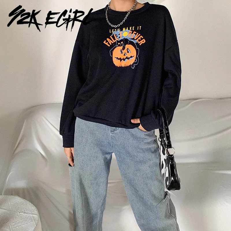 

Y2K EGIRL Punk Style Oversized Crewneck Long Sleeve Sweatshirts Indie Aesthetics Pumpkin Graphic and Letter Printing Top Autumn