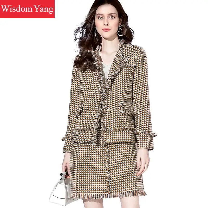 2 delige Set Herfst Winter Jas Vrouwen Sweed Schapen Wol Jassen Koffie Plaid Overjas Kwastje Aline Mini Kokerrok Koreaanse kleding 2 delige Set Herfst Winter Jas Vrouwen Sweed Schapen Wol Jassen Koffie Plaid Overjas Kwastje Aline Mini Kokerrok Koreaanse kleding