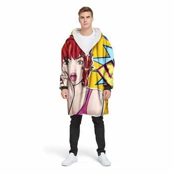 

3D Printed Personalized Creative People Wow Scream Hooded Coat Blanket For Adults Winter Warm Plush Wearable Jacket Coat Blanket