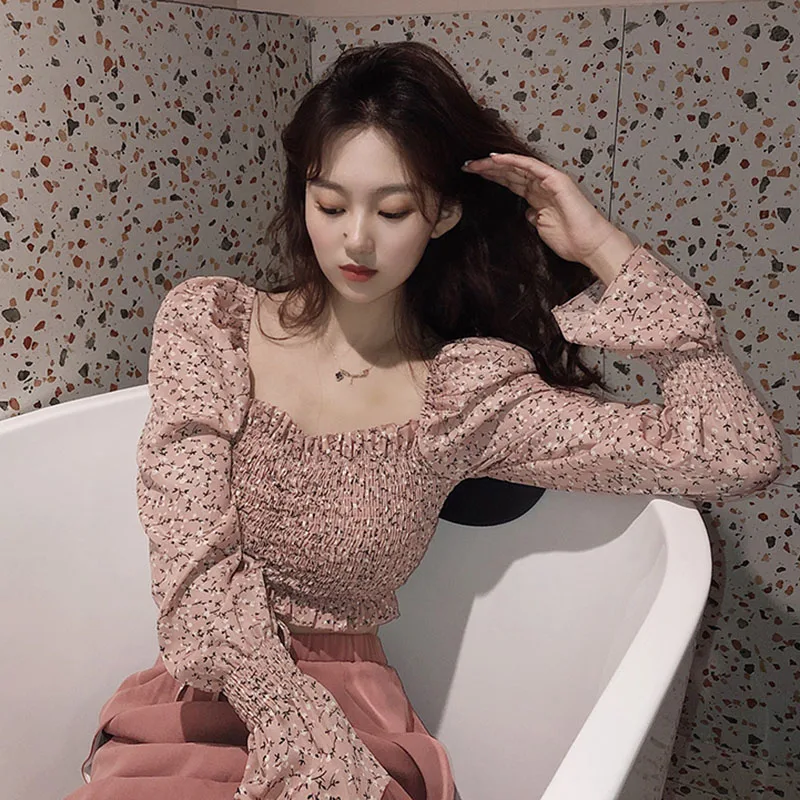

ruffles square collar sweet flower print long sleeve fashion brand Women's Clothing Blouses Shirts chiffon tops high quality new