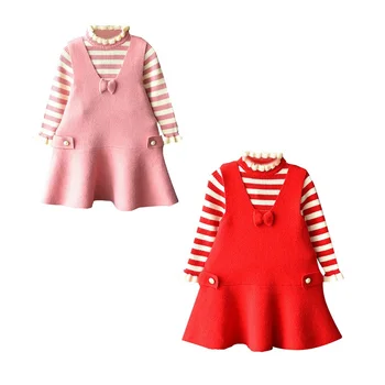 

2019 Autumn Baby Girl Cute Long Sleeve Striped Print Sweater Blouse+Strap Dress Casual Outfits Set New