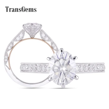 

Transgems Vintage 14K 585 White and Yellow Gold Center 2ct 7*9mm Oval Moissanite Engagement Ring with Accents for Women 6 Prong