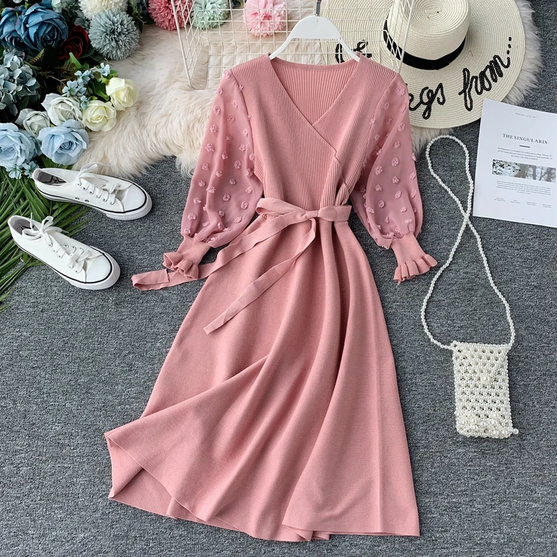 

2019 Women Autumn Dress Elegant A-line Office Lady V-neck Three Quarter Sleeve Knitting Vestidos with Sashes