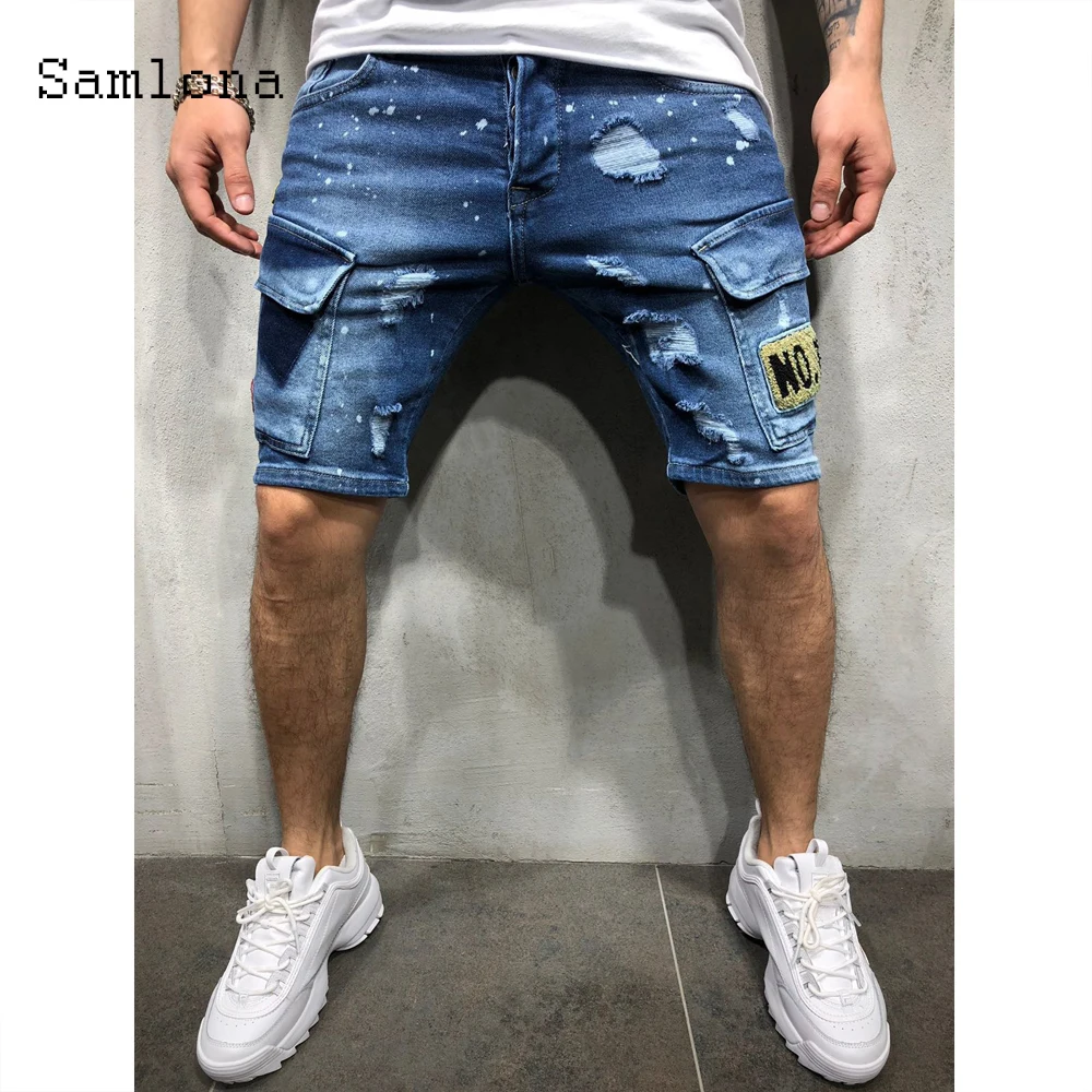 Samlona Men's Denim Shorts Sexy Leisure Jeans Pacthwork Hole Ripped Buttom 2024 Summer New Casual Demin Short Pants Male Clothes