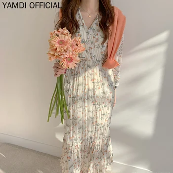 

YAMDI Women Full Sleeve Dress 2019 New Summer Autumn Print Floral Woman V Neck High Waist Slim Elegant Behemian Luxury Long Dres