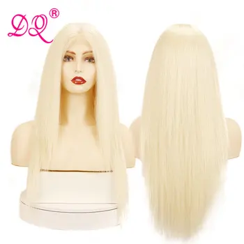 

DQ Long Straight Synthetic Wig Blonde Lace Front Wig For Women Middle Part Nature Soft Cosplay Wigs High Temperature Fiber