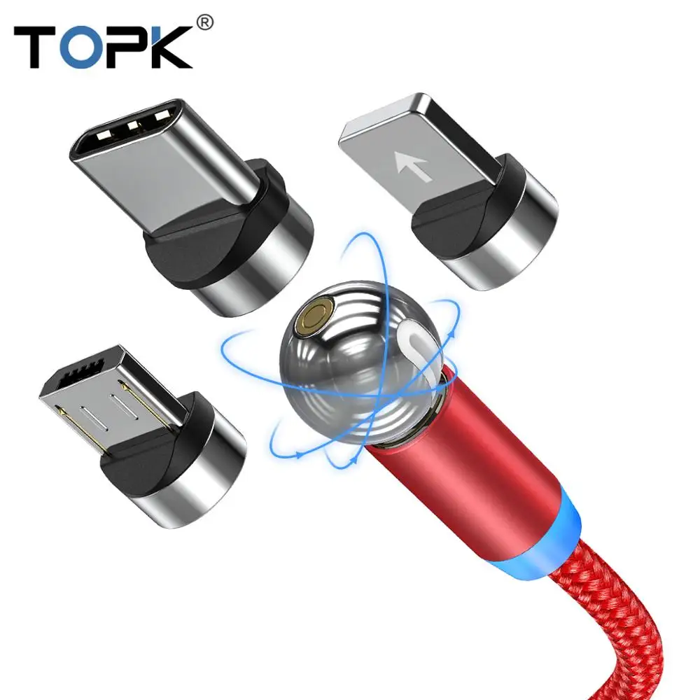 Магнитный кабель TOPK с поворотом на 360 градусов, сферический зарядный кабель type C, кабель Micro USB, Магнитный зарядный кабель для iPhone 11 Xs X