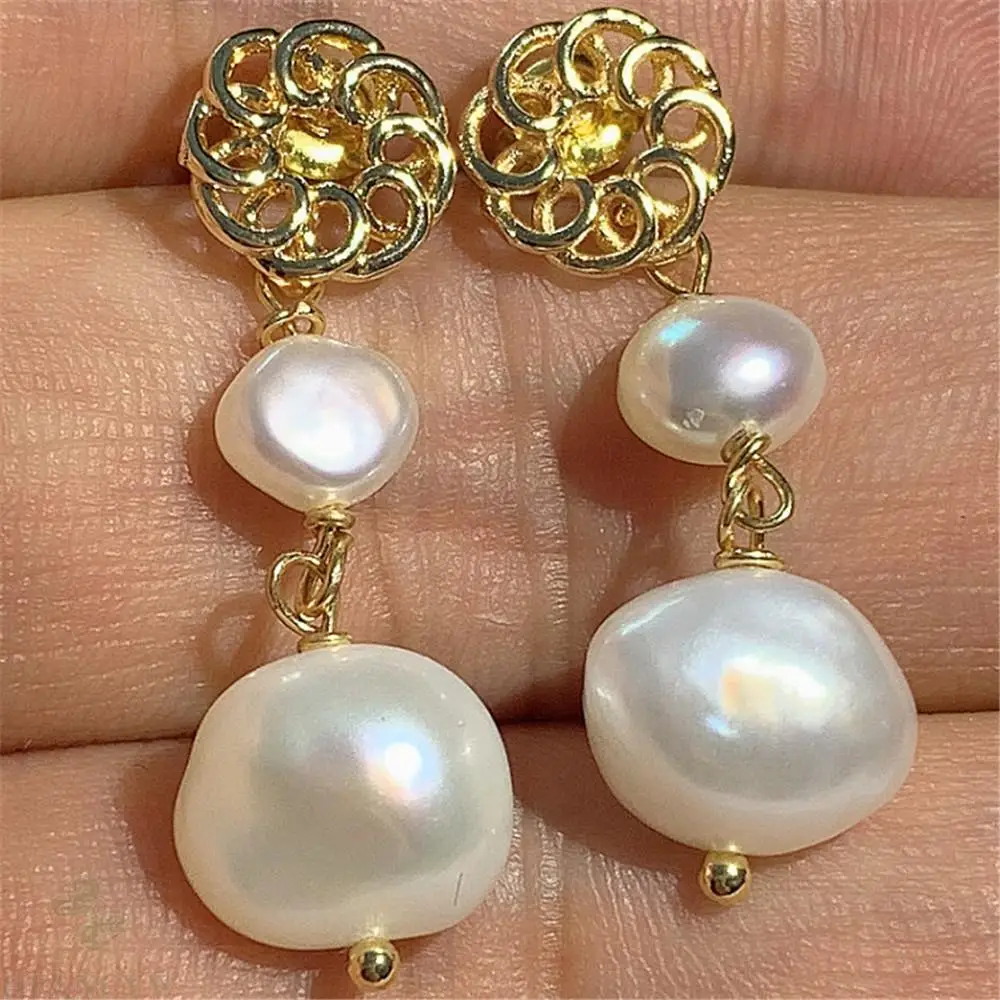 

10-12mm White Baroque Pearl Earring Gold Ear Drop Dangle Wedding Fashion Cultured Irregular Jewelry Party Women Flawless Aurora