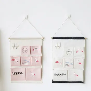 

Flamingo Pattern Cotton Linen Hanging Storage Bag 7 Pockets Wall Mounted Wardrobe Hang Bag With Hooks Wardrobe Organizer Pouch