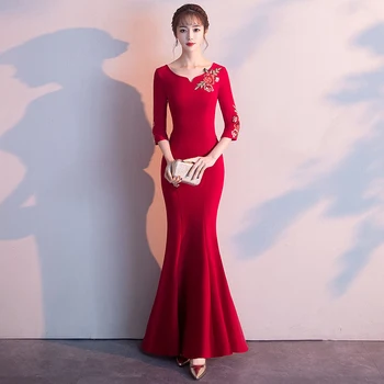 

Burgundy Bride V-Neck Party Dress Women Elegant Slim Cheongsam Ankle-Length Wedding Qipao Luxury Long Gown Vestido XS-XXXL