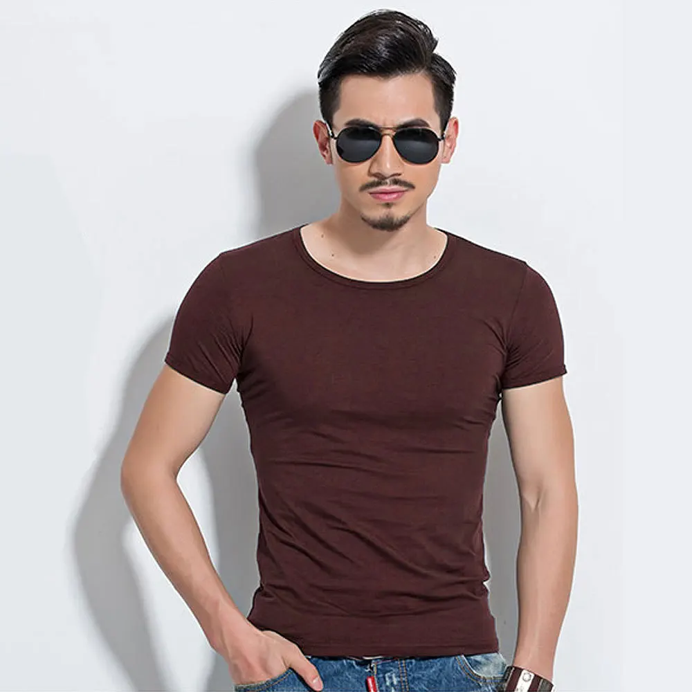 Мужская футболка из лайкры, футболка с коротким рукавом и круглым вырезом, тонкая Однотонная футболка с коротким рукавом MRMT - Цвет: O Coffee