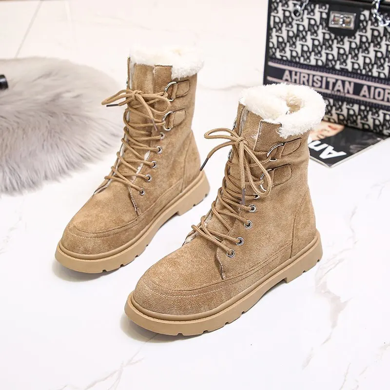 Женские зимние ботинки бежевые плюшевые теплые меховые повседневные ботильоны