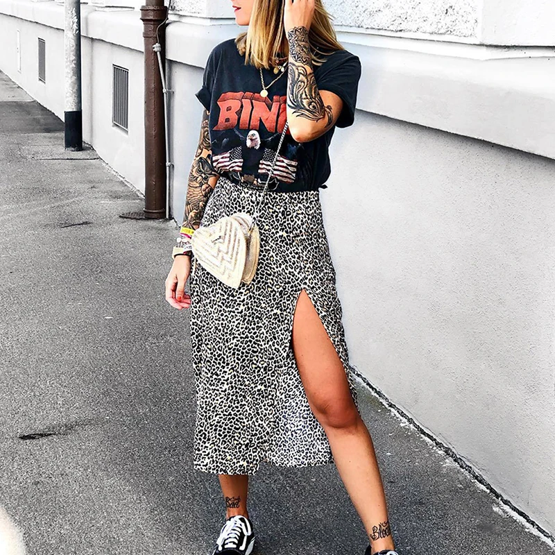 Sexy Leopard Print Split Skirts Women 