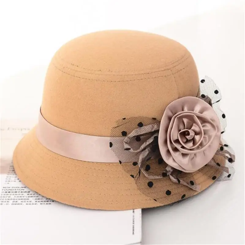 Новейшая модель, Осень-зима, модная винтажная женская шляпа-федора, имитация шерстяного цветка, сохраняющая тепло, женские шапки-котелки - Цвет: HC003-112-G