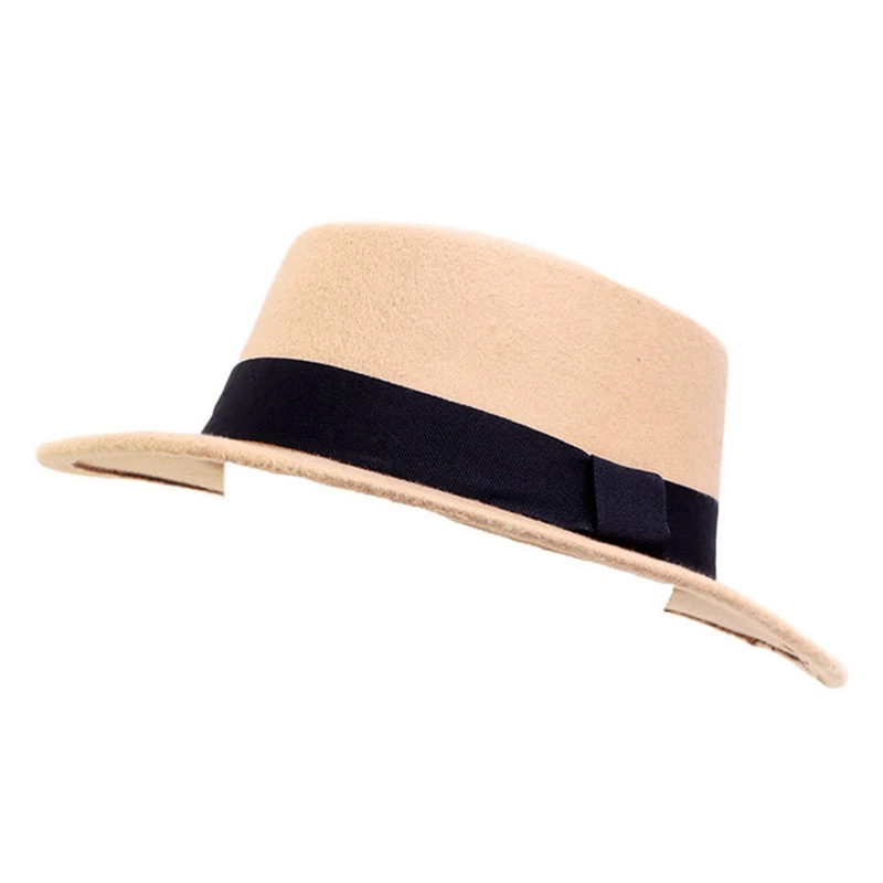 New Fashion Faux Wool Flat Top Hat Wool Pie Boater Flat Top Hat For Women's Men's Felt Wide Brim Gentleman Hat