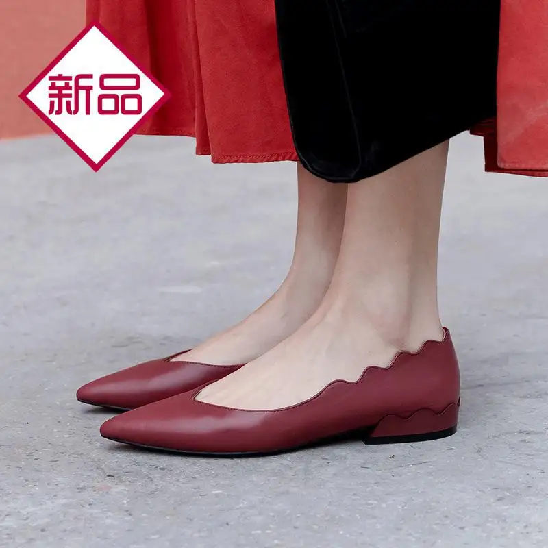 

2020 Spring New Style Pointed-Toe Low Heel Leather Shoes Cowhide College Style Loafers Slip-on Low-Cut Red