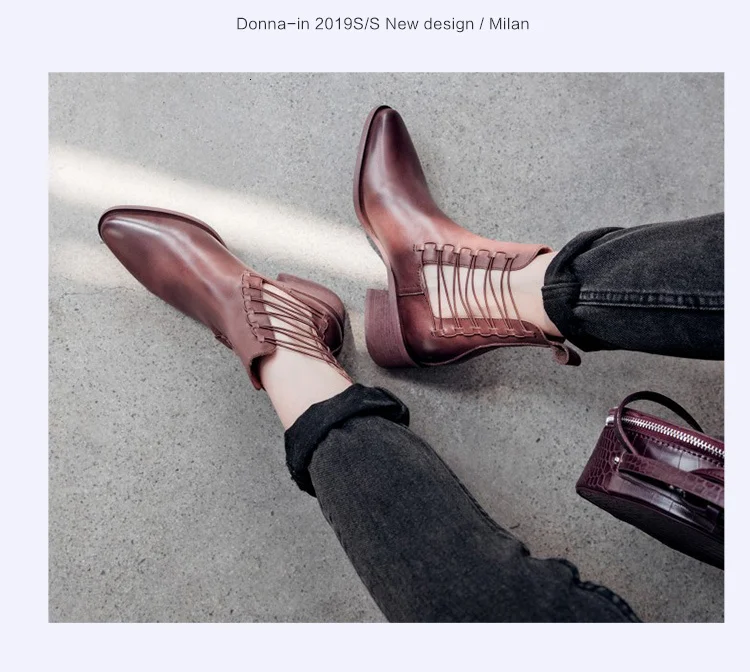 Donna-in/женские ботинки ручной работы из натуральной кожи; сезон осень; ботильоны для женщин на среднем каблуке с острым носком; коллекция года; модная женская обувь без застежки