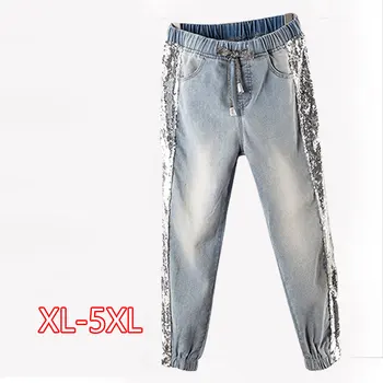 

Plus Size Side Sequins Ankle Length Jogger Jeans 3Xl 4Xl Spring Summer Chi Lady Light Blue Elastic Waist Capris Jean Denim Pants