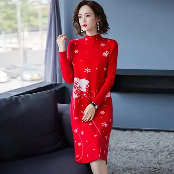 

Christmas Sweater Women's Long Bottoming Shirt Autumn Winter 2020 Vestidos Pretty Print Sweater Dress Elegant Knit кофта женская