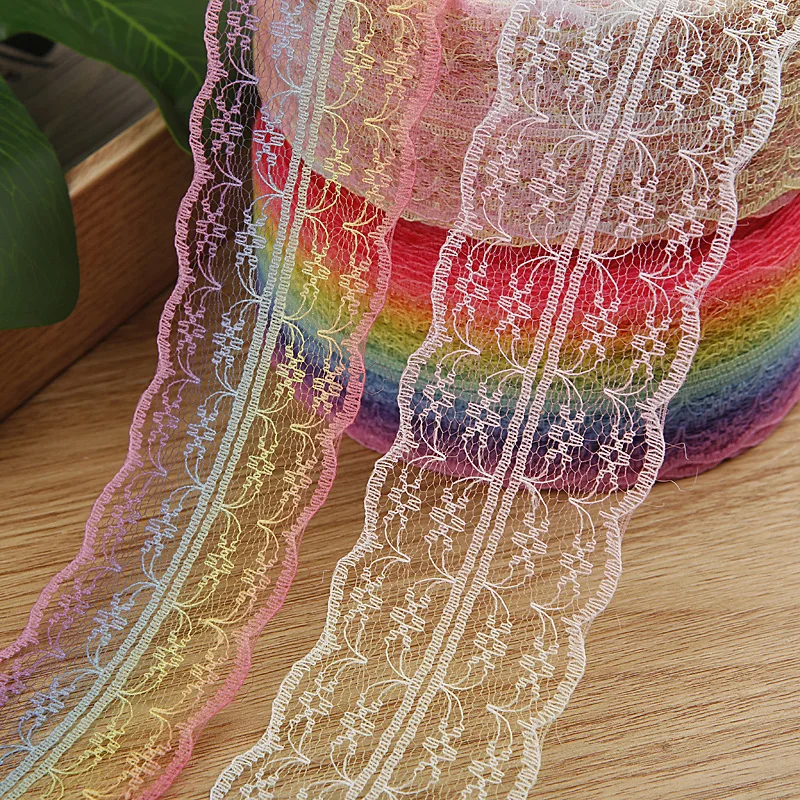 

Rainbow Lace Fabric Gradient Ribbon Trims 40mm Embroidered Hollow Gauze Organza Sewing DIY Gift Packing Flower Wrapping Material