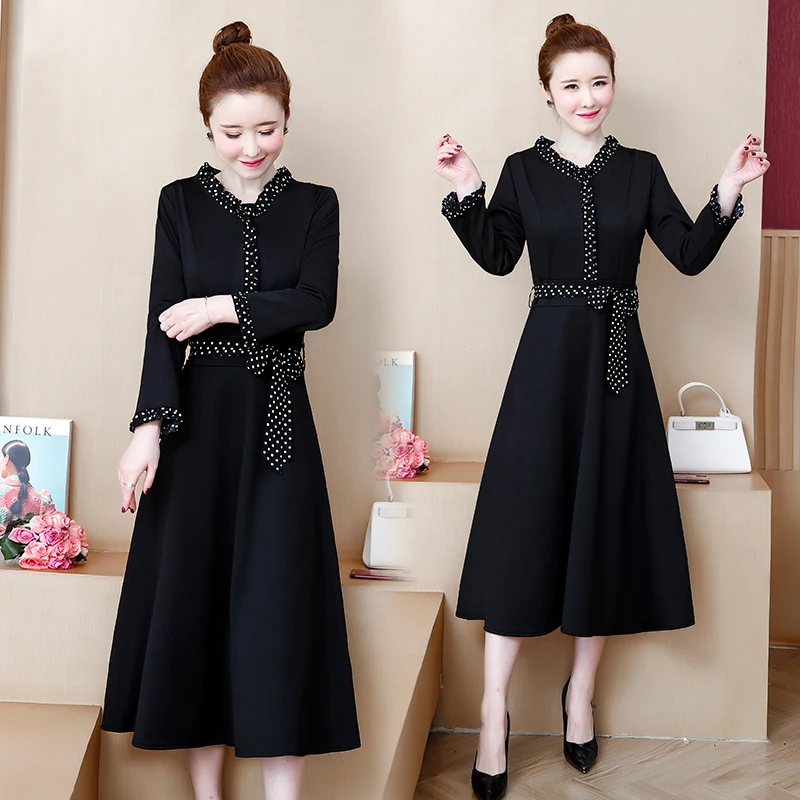 

2020 White Dot Patchwork Midi Dresses Spring Autumn 4XL Plus Size Long Sleeve A-Line Dress Elegant Women Bodycon Party Vestidos