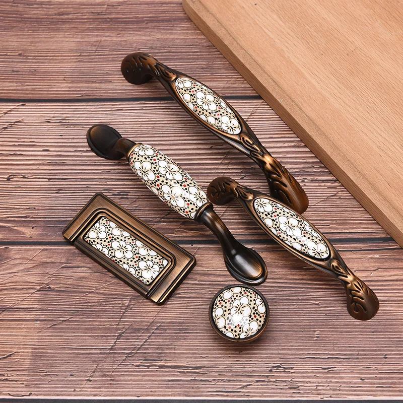 Antique Bronze Ceramic Cabinet Handles Vintage Drawer Knobs Wardrobe Door Handles European Furniture Handle Hardware