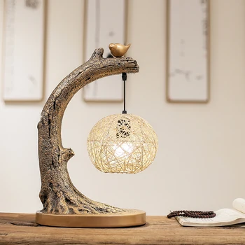 

Modern new Chinese switch desk lamp for living room study hotel bedroom bedside antique bamboo bird decoration tea table light
