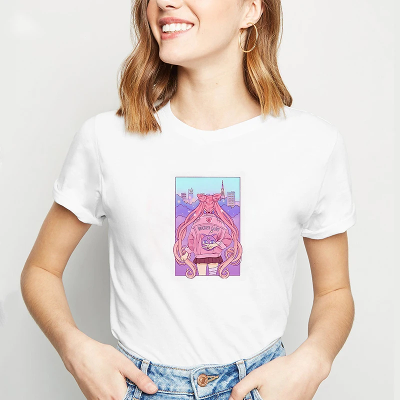 Sailor Moon/летняя новая модная футболка Женская Harajuku короткий рукав забавная Ulzzang с