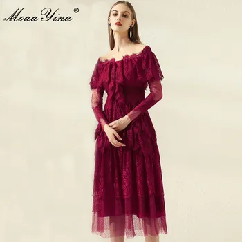 

MoaaYina Fashion Designer dress Summer Women's Dress Solid Red Mesh Embroidery Hollow Out Cascading Ruffle Dresses