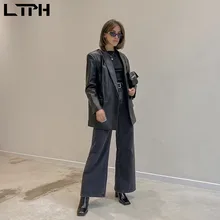 LTPH – blazer en cuir PU noir pour femme, veste slim, double boutonnage, streetwear, décontracté, costume, nouvelle collection automne 2021 