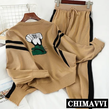 

Spring New Cartoon Printed Long-sleeve Knitwear Sweater + High Waist Side Stripes Harem Pants Womens Loose Knitted Two-Piece Set