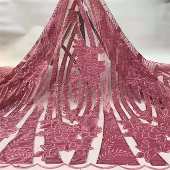 

2019 New Design Pink African Embroidery Sequins Tulle Lace Fabric Nigerian French flannel Lace Fabric 5Yards