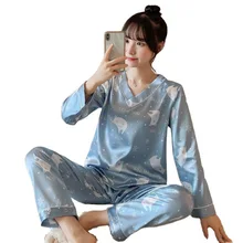 Pajamas Set Women's Silk V-neck Long-sleeved and Autumn Ice Silk Ladies Home Service Suit Satin Nightwear Cartoon Pajamas