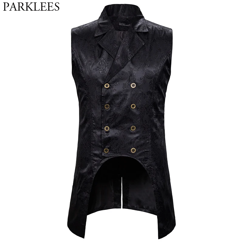 Mens Double Breasted Paisley Jacquard Long Black Vest Lapel Brocade Vest Waistcoat Men Gothic Steampunk Sleevless Tailcoat 2XL