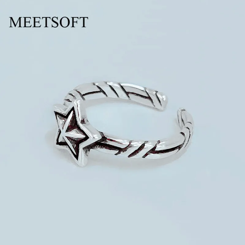 MEETSOFT Thai Silver Opening Ring With 925 Stamp For Women Simple Adjustable Retro Small Star Jewelry Gift | Украшения и