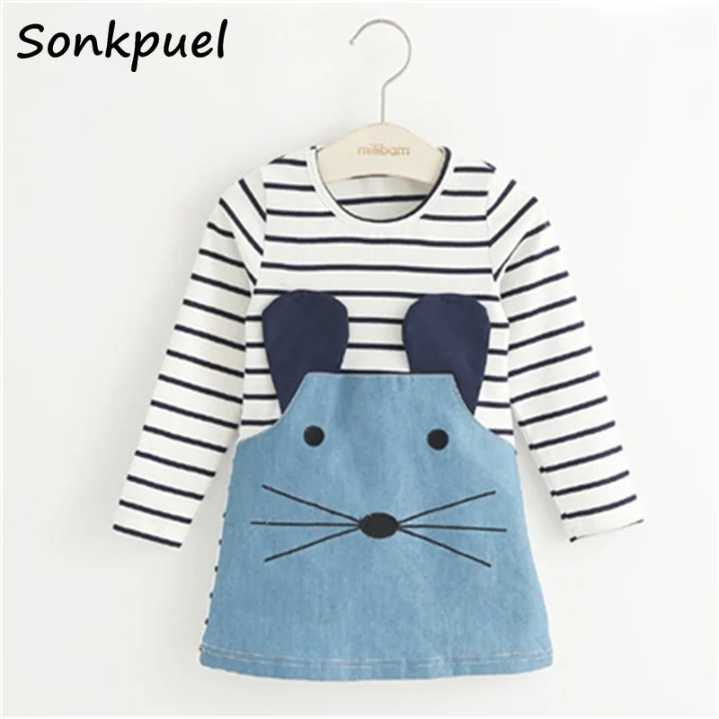 

Striped Patchwork Character Girl Dresses Long Sleeve Cute Mouse Children Clothing Kids Girls Dress Denim Kids Clothes