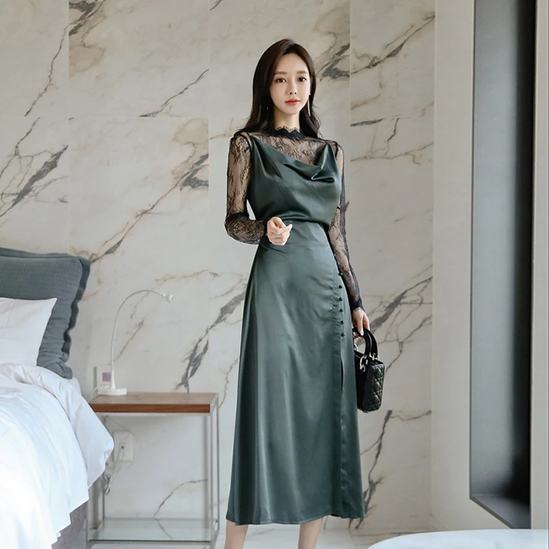 

2019 winter new Korean version of the bottom lace sexy inside strap + strap dress set 2 sets Knee-Length