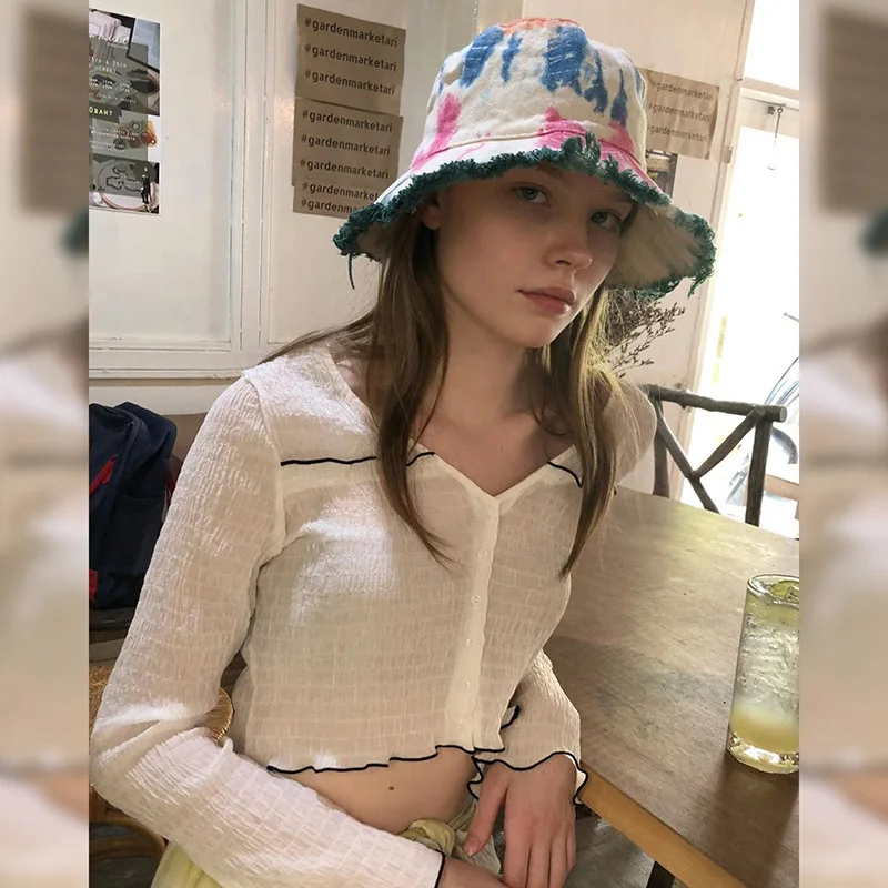 

Fashion Ruched Women T-Shirts Long Sleeve T-shirt Sweet Girls Frilly Curve Hemming Crop Tops Wild Sexy Button Pleated Cardigans