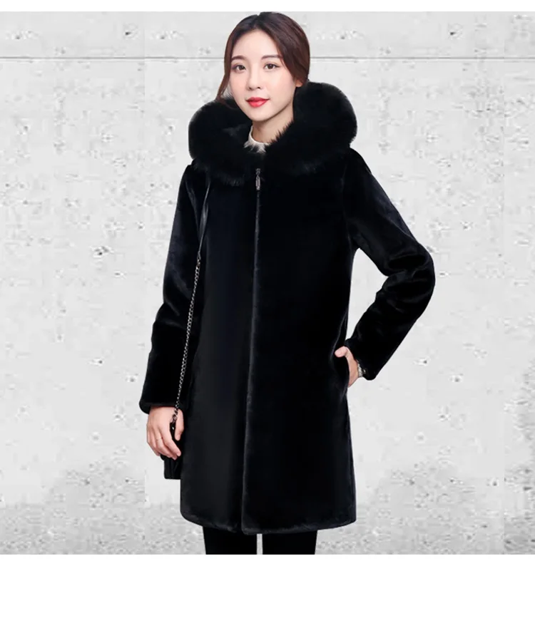 Большие размеры, Женская куртка из овечьей шерсти, зимняя теплая меховая куртка, пальто, Женское пальто с воротником из искусственного лисьего меха, Женская Длинная тонкая верхняя одежда