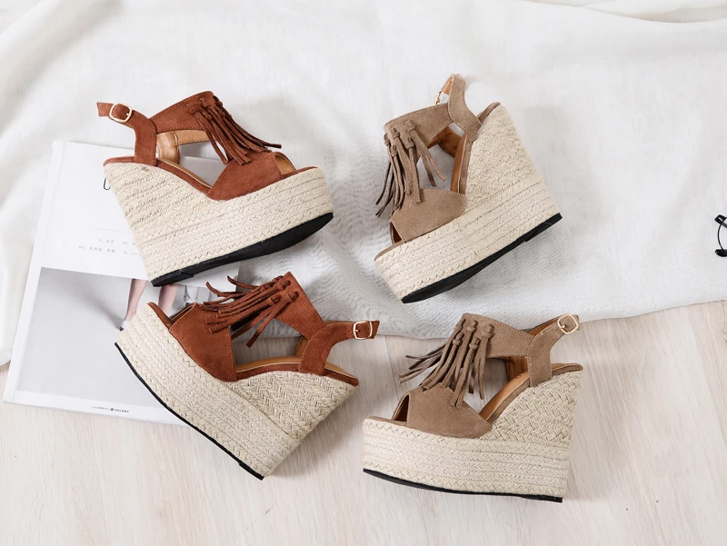 new ultra high heel wedge sandals waterproof platform muffin thick bottom Roman tassel women's sandals small size shoes 32
