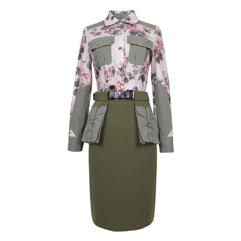 VERDEJULIAY 2020 Runway New Design Twinset Vrouwen Mode Kleur Army Green Bloemenprint Blouse + Midi Slim Rok Hoge Kwaliteit set VERDEJULIAY 2020 Runway New Design Twinset Vrouwen Mode Kleur Army Green Bloemenprint Blouse + Midi Slim Rok Hoge Kwaliteit set