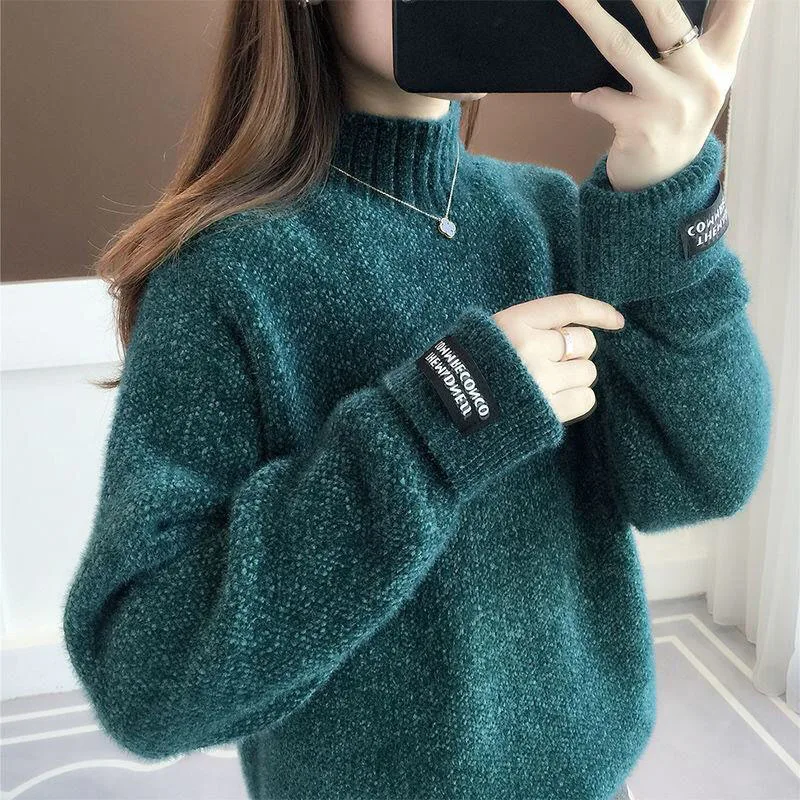 

2021 Autumn Winter Thick Sweater Women Knitted Pullover Sweater Long Sleeve Turtleneck Losse Jumper Warm Pull Femme Black Green