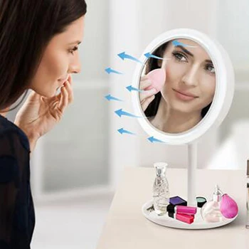 

Led Three-in-one Cosmetic Mirror With Fan Makeup Small Mirror Creative Desktop Magnifier With Fan Wind Loose Led With Lamp