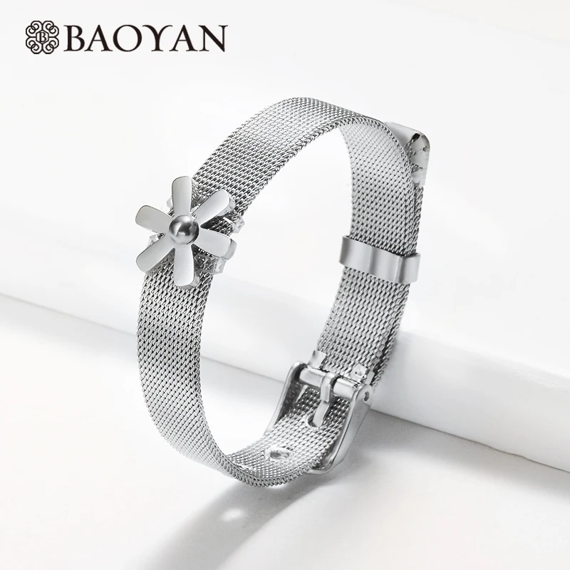 BAOYAN браслет с шармом из нержавеющей стали, золото, серебро, Регулируемый Браслет-манжета, простой титановый сетчатый Браслет для женщин - Окраска металла: SSBTG142-16148-S