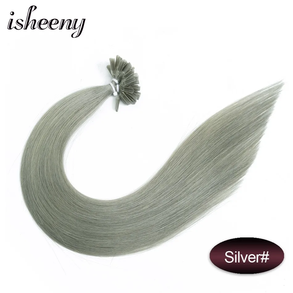 Isheeny, 50 шт., накладные волосы для ногтей/u-образные накладные волосы, 1", 18", 2", Remy, кератиновые, европейские человеческие волосы на Капсулах - Color: #SILVER